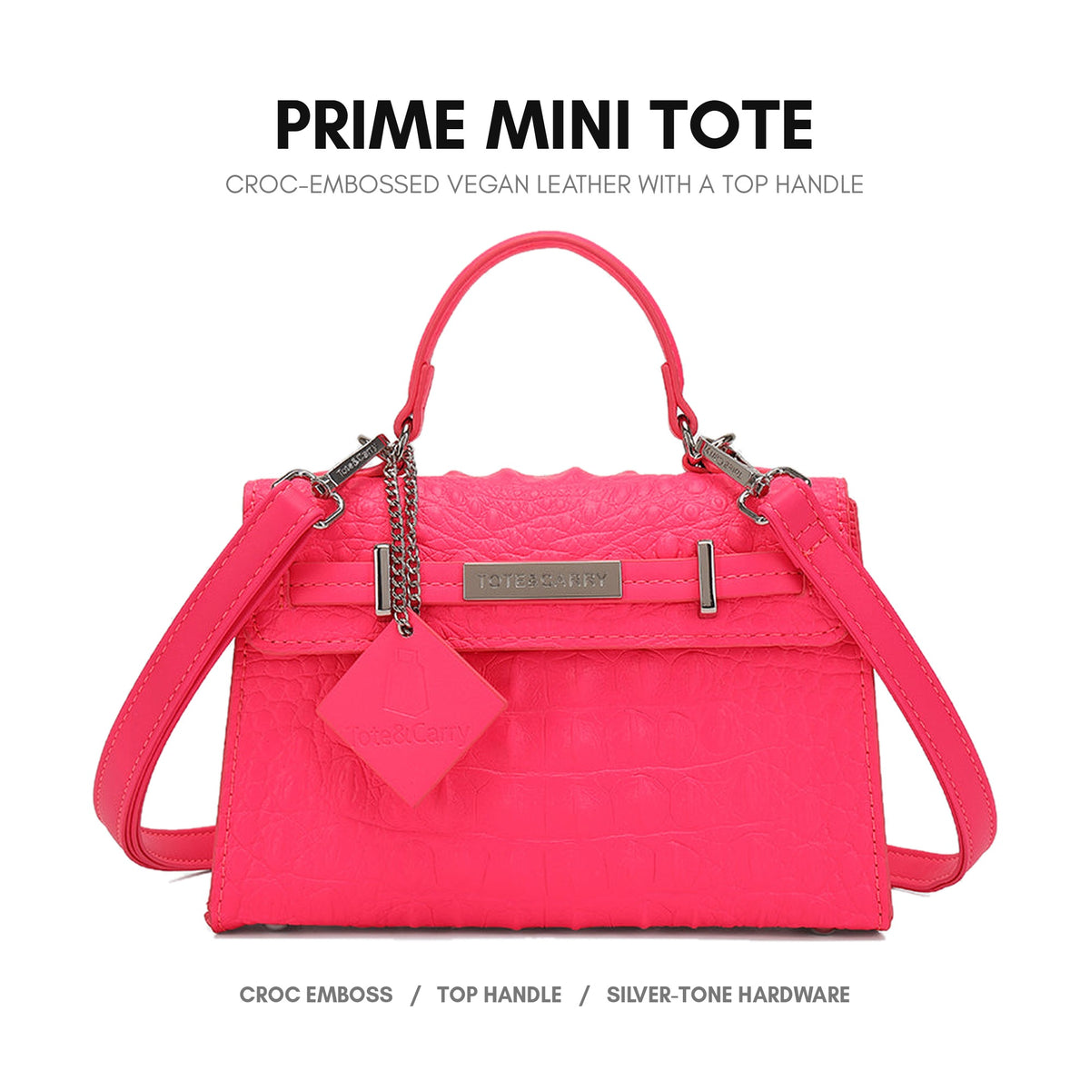 Prime Mini Tote in Neon Pink - croc-embossed vegan leather with a top handle