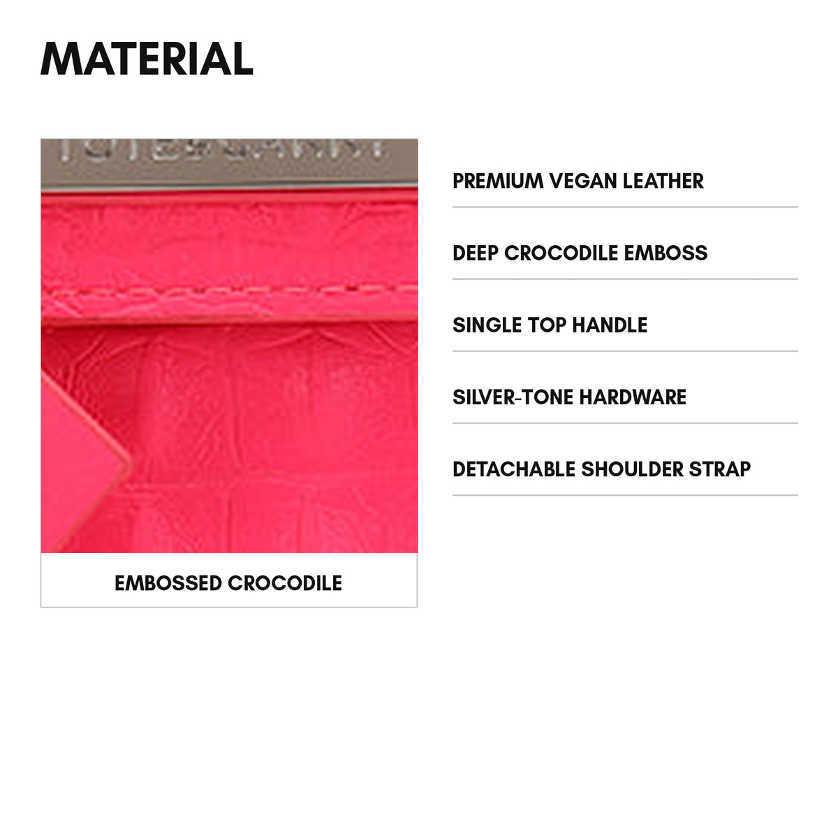 Prime Mini Tote in Neon Pink - material and specs: premium vegan leather, deep crocodile emboss, single top handle, silver-tone hardware, detachable shoulder strap