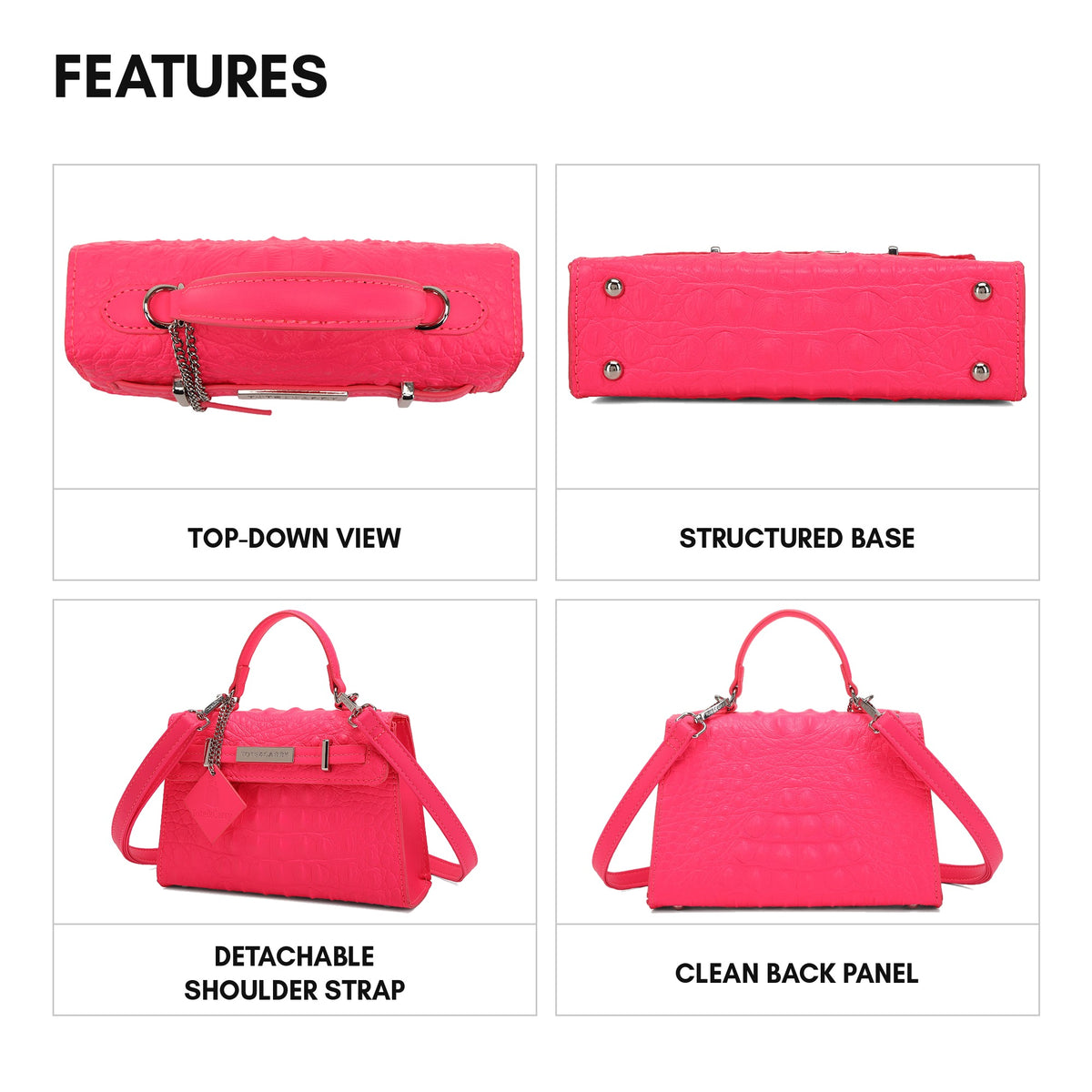 Prime Mini Tote in Neon Pink - features: top-down view, structured base, detachable shoulder strap, clean back panel