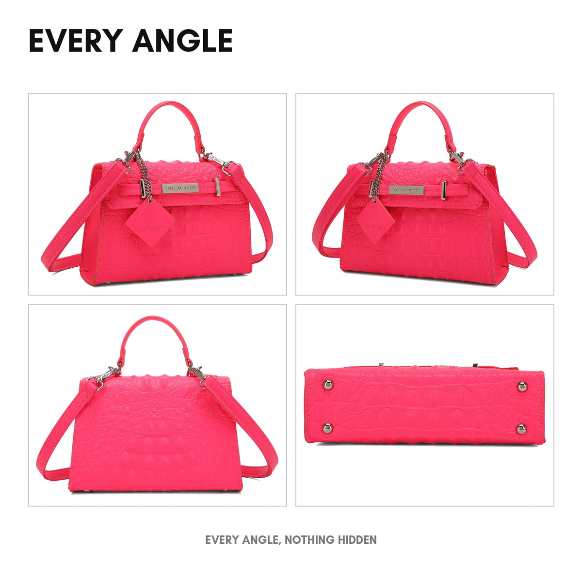 Prime Mini Tote in Neon Pink - every angle: front, side, back and interior