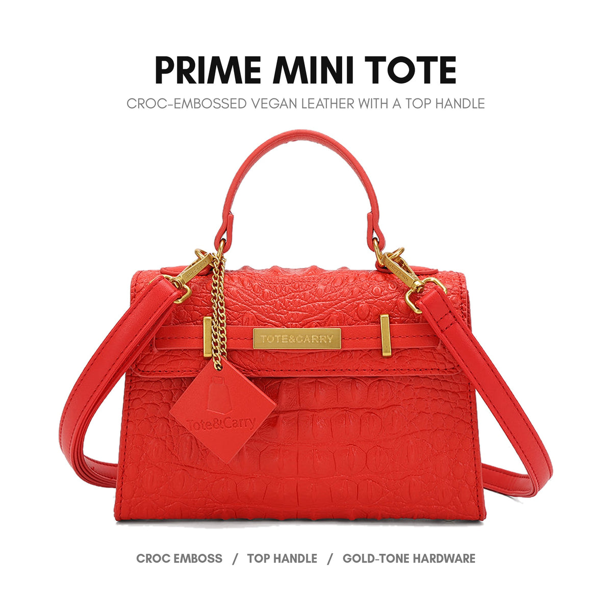 Prime Mini Tote in Red - croc-embossed vegan leather with a top handle