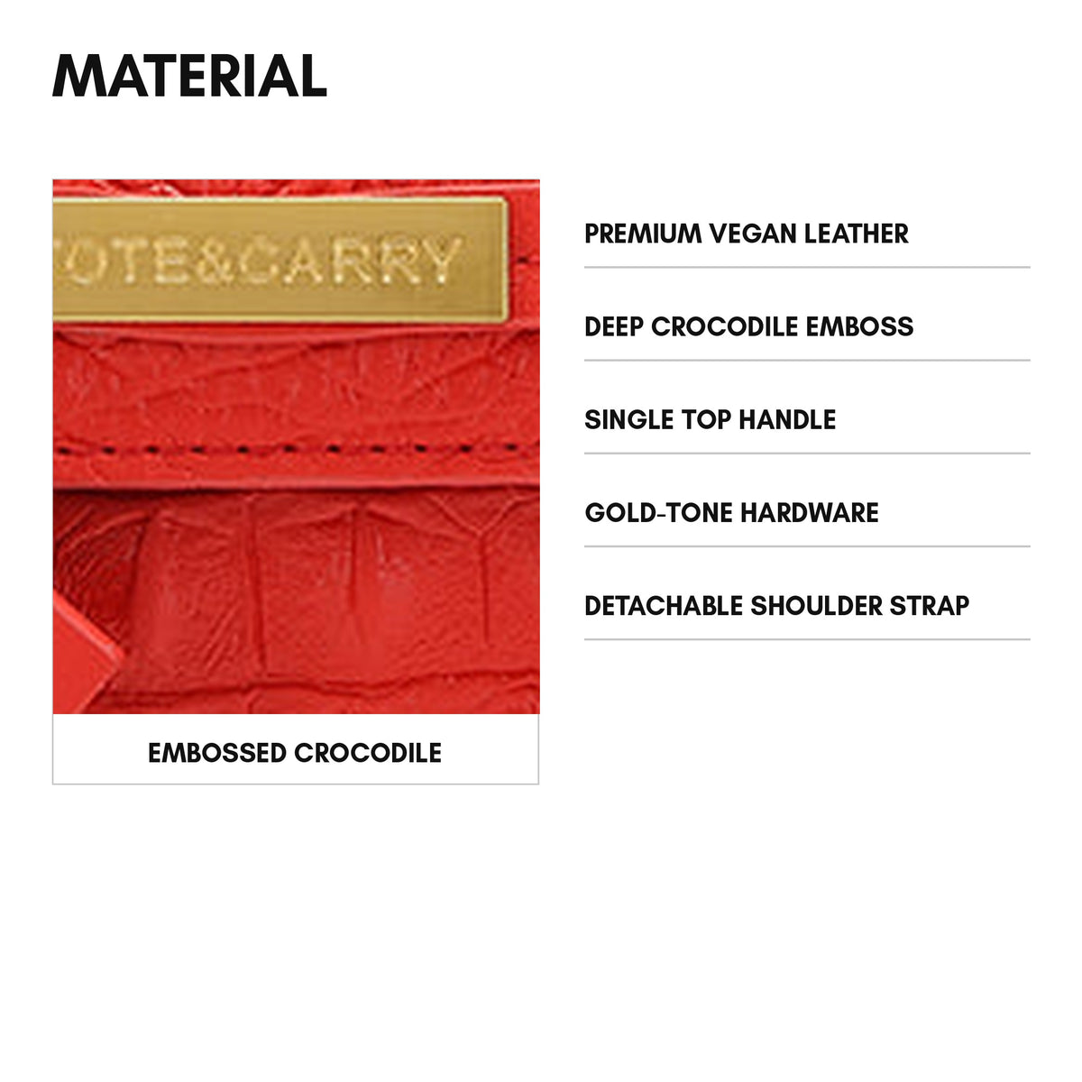 Prime Mini Tote in Red - material and specs: premium vegan leather, deep crocodile emboss, single top handle, gold-tone hardware, detachable shoulder strap