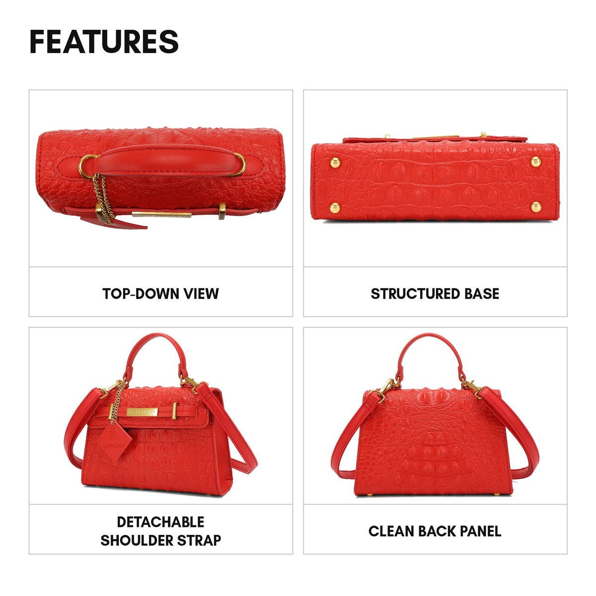 Prime Mini Tote in Red - features: top-down view, structured base, detachable shoulder strap, clean back panel