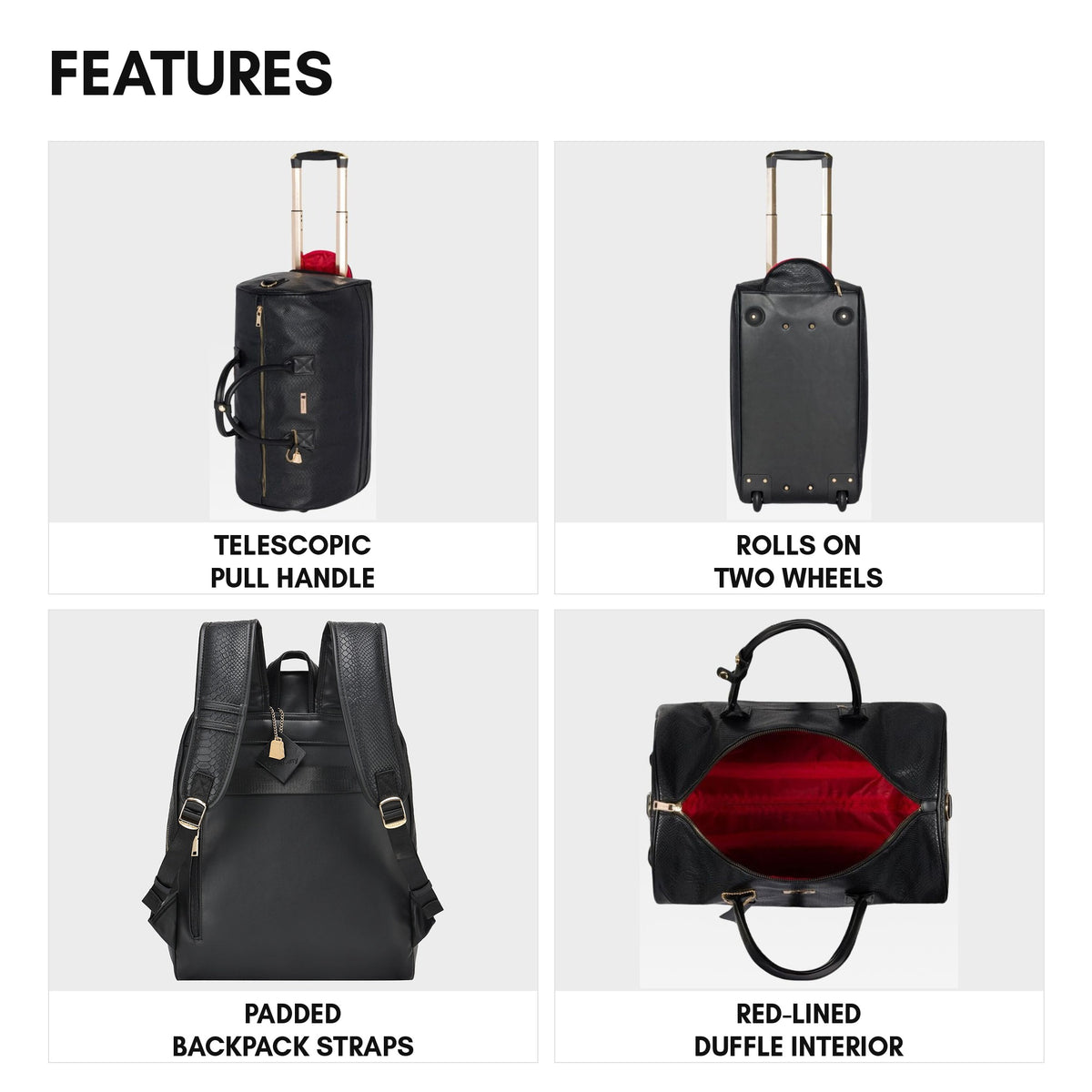 Signature Traveler Rolling Duffle Set in Black - features