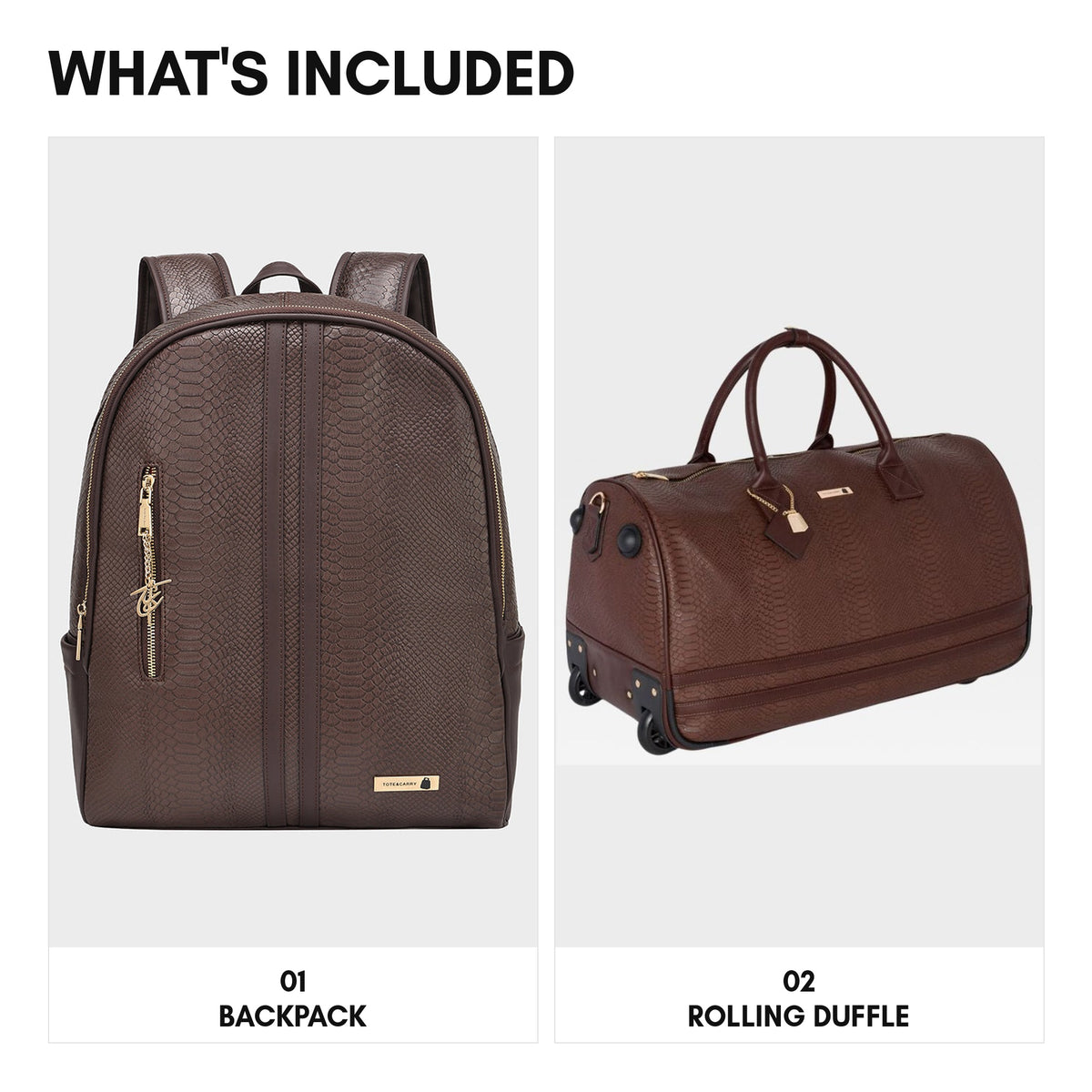 Signature Traveler Rolling Duffle Set in Chocolate - what's included