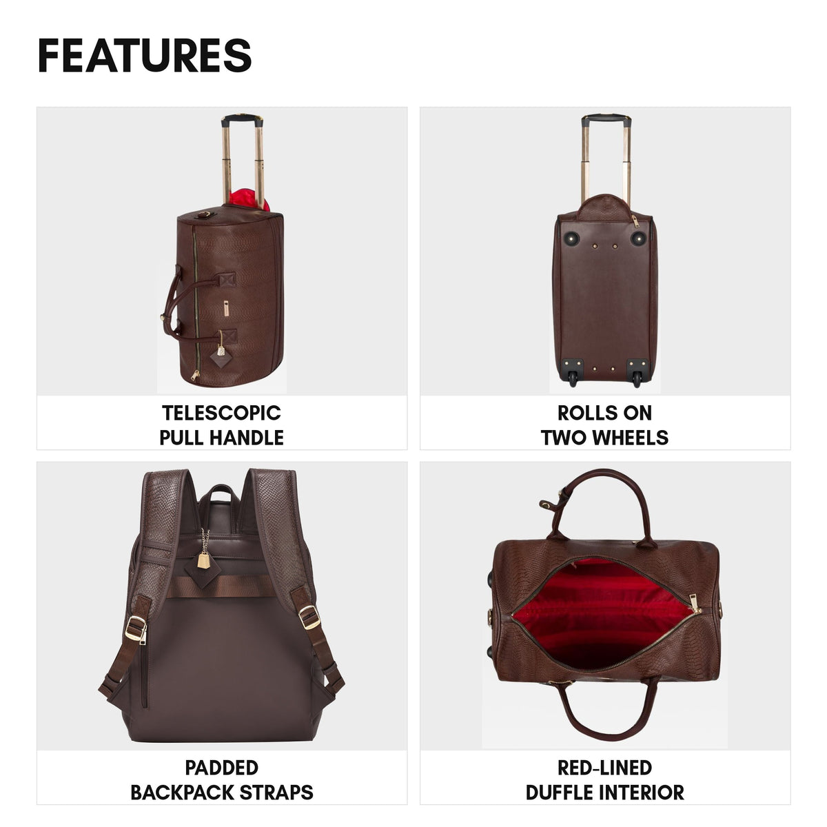 Signature Traveler Rolling Duffle Set in Chocolate - features