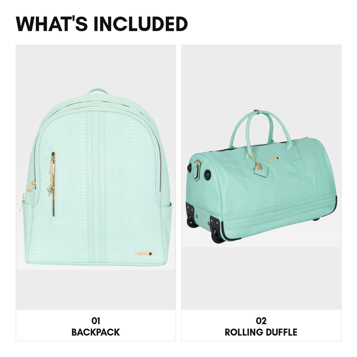 Signature Traveler Rolling Duffle Set in Mint - what's included