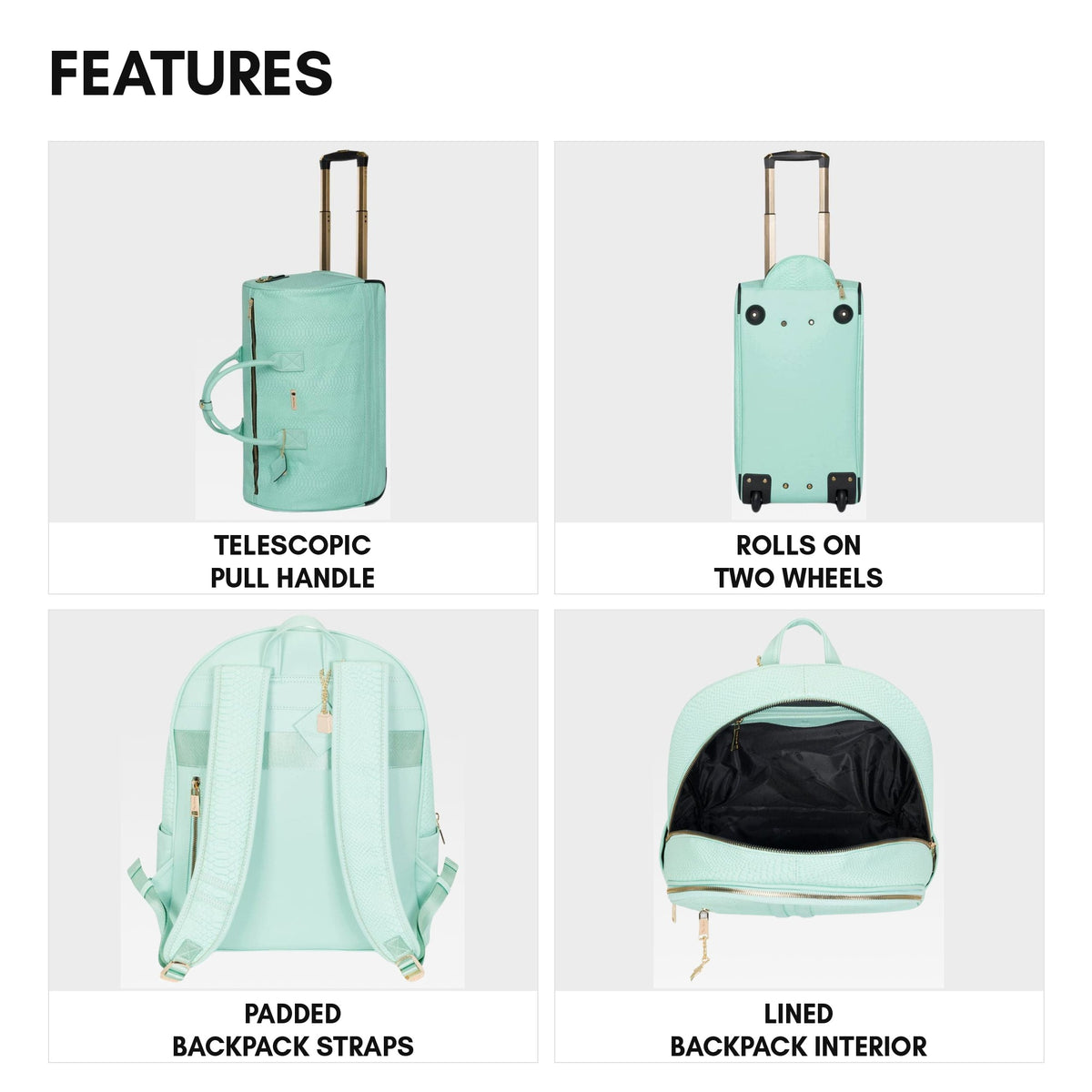 Signature Traveler Rolling Duffle Set in Mint - features