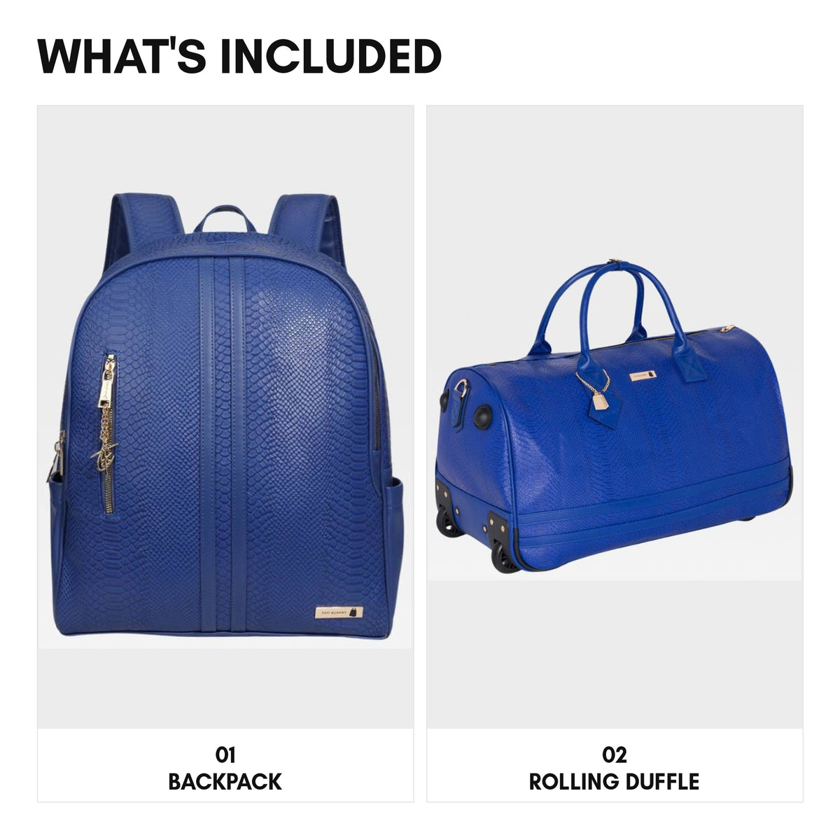 Signature Traveler Rolling Duffle Set in Royal Blue - what's included