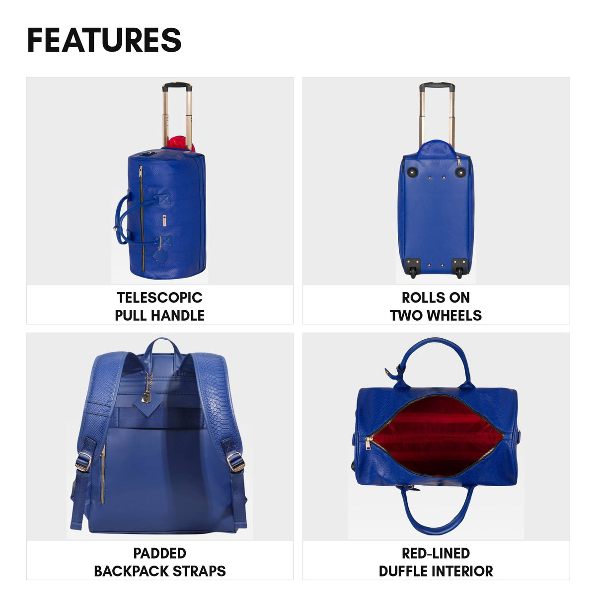 Signature Traveler Rolling Duffle Set in Royal Blue - features