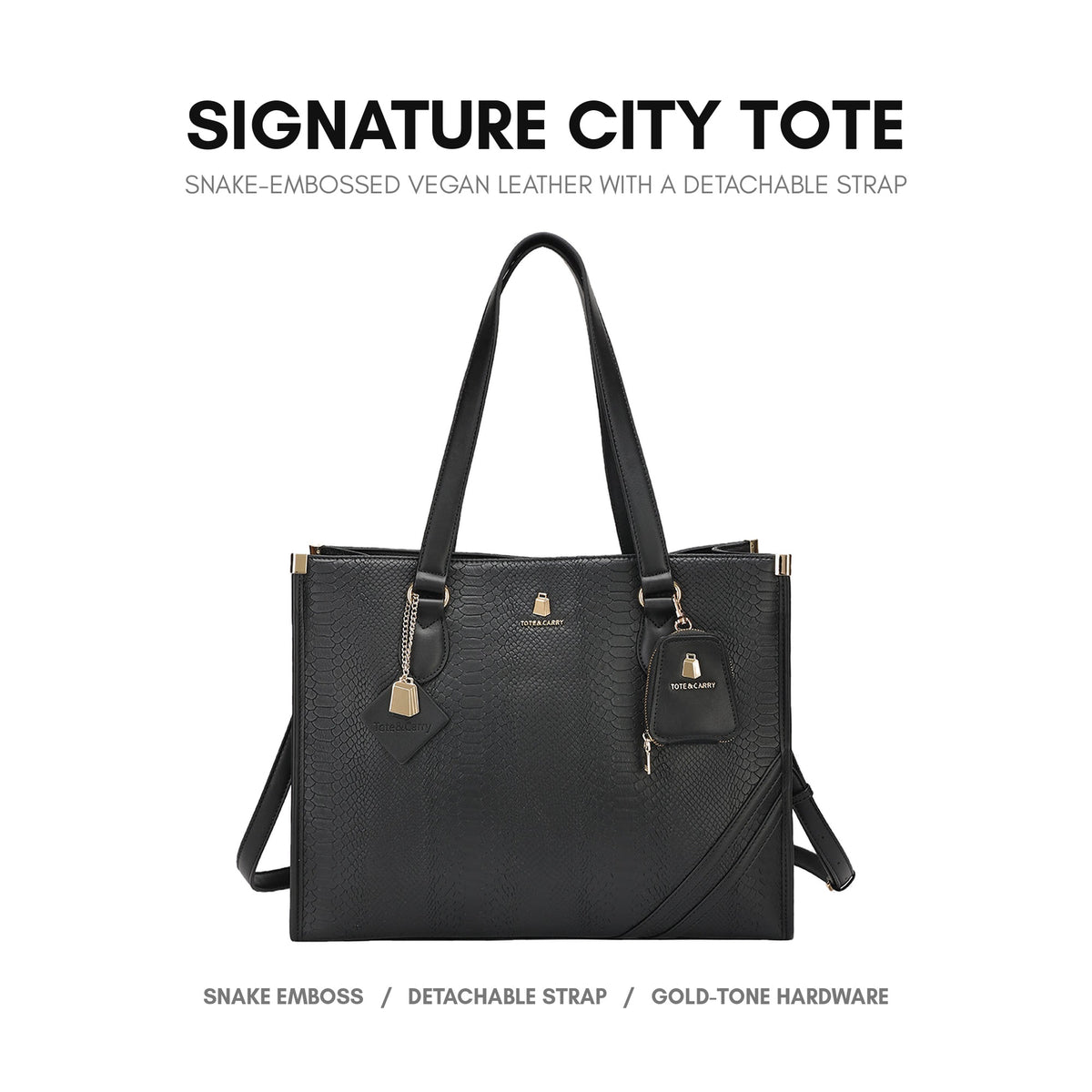 Signature City Tote in Black - snake-embossed vegan leather with a detachable strap