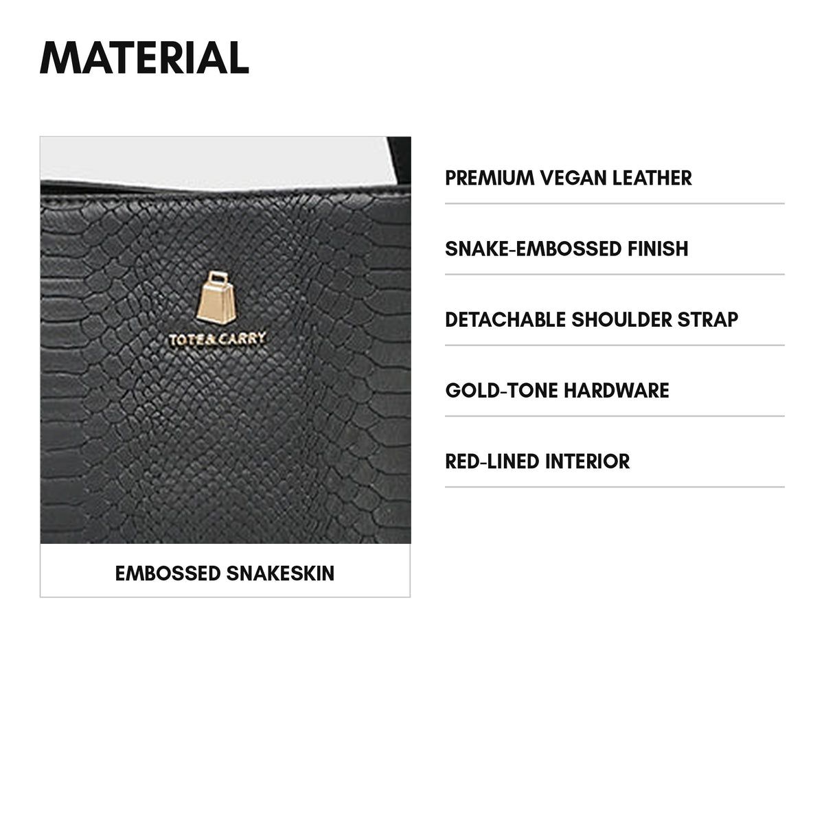 Signature City Tote in Black - material and specs: premium vegan leather, snake-embossed finish, detachable shoulder strap, gold-tone hardware, red-lined interior