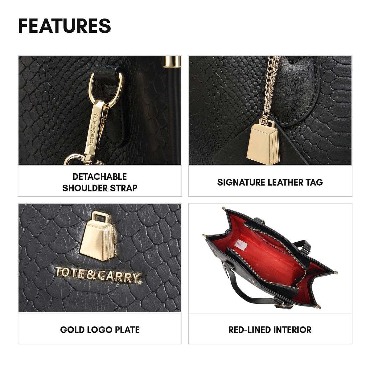 Signature City Tote in Black - features: detachable shoulder strap, signature leather tag, gold logo plate, red-lined interior