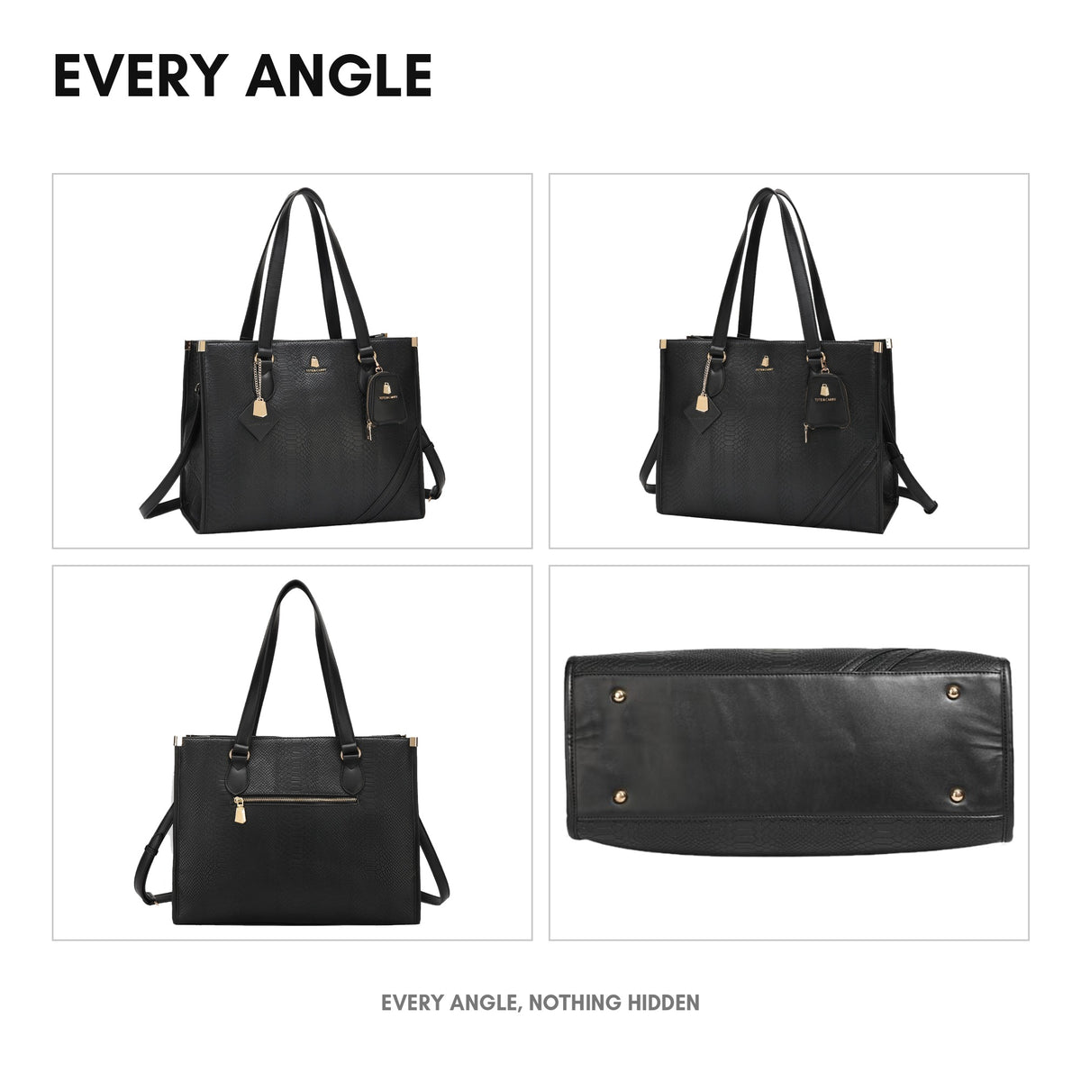 Signature City Tote in Black - every angle: front, side, back and interior