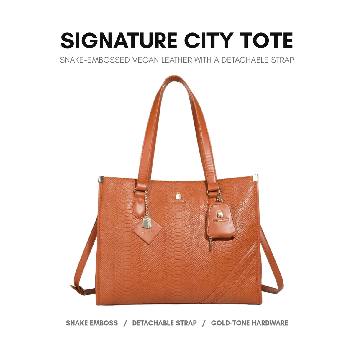 Signature City Tote in Caramel - snake-embossed vegan leather with a detachable strap