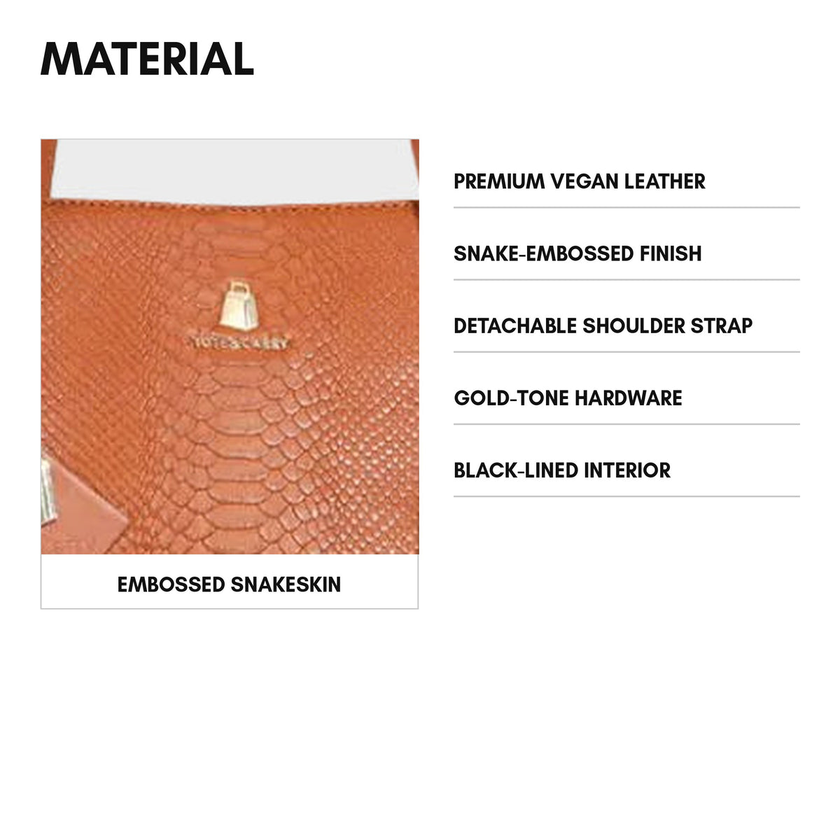 Signature City Tote in Caramel - material and specs: premium vegan leather, snake-embossed finish, detachable shoulder strap, gold-tone hardware, black-lined interior
