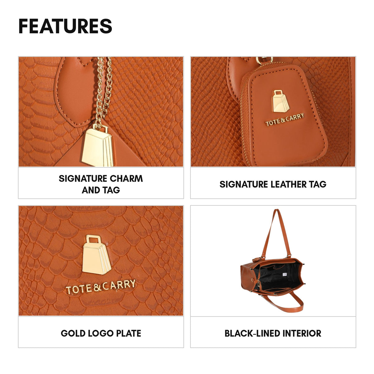 Signature City Tote in Caramel - features: signature charm and tag, signature leather tag, gold logo plate, black-lined interior