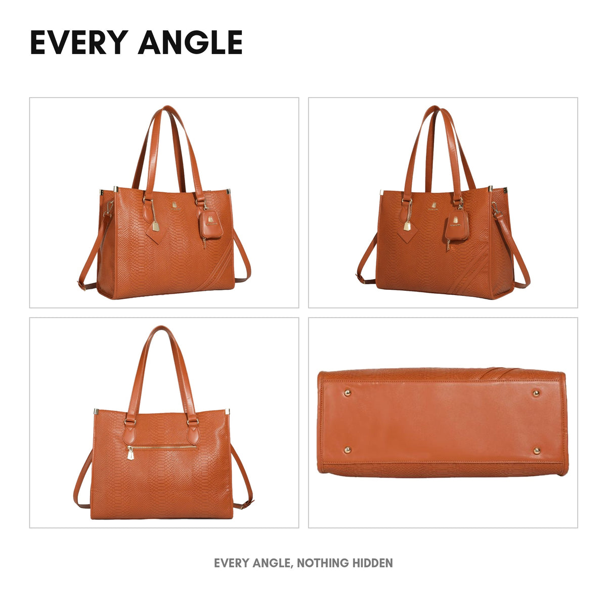 Signature City Tote in Caramel - every angle: front, side, back and interior