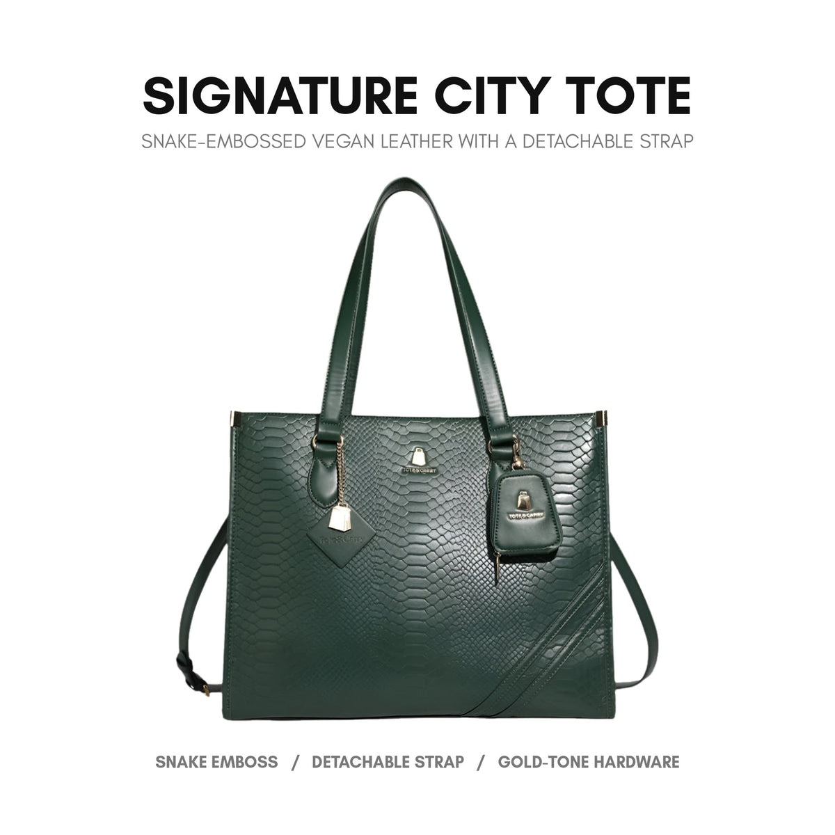Signature City Tote in Emerald Green - snake-embossed vegan leather with a detachable strap