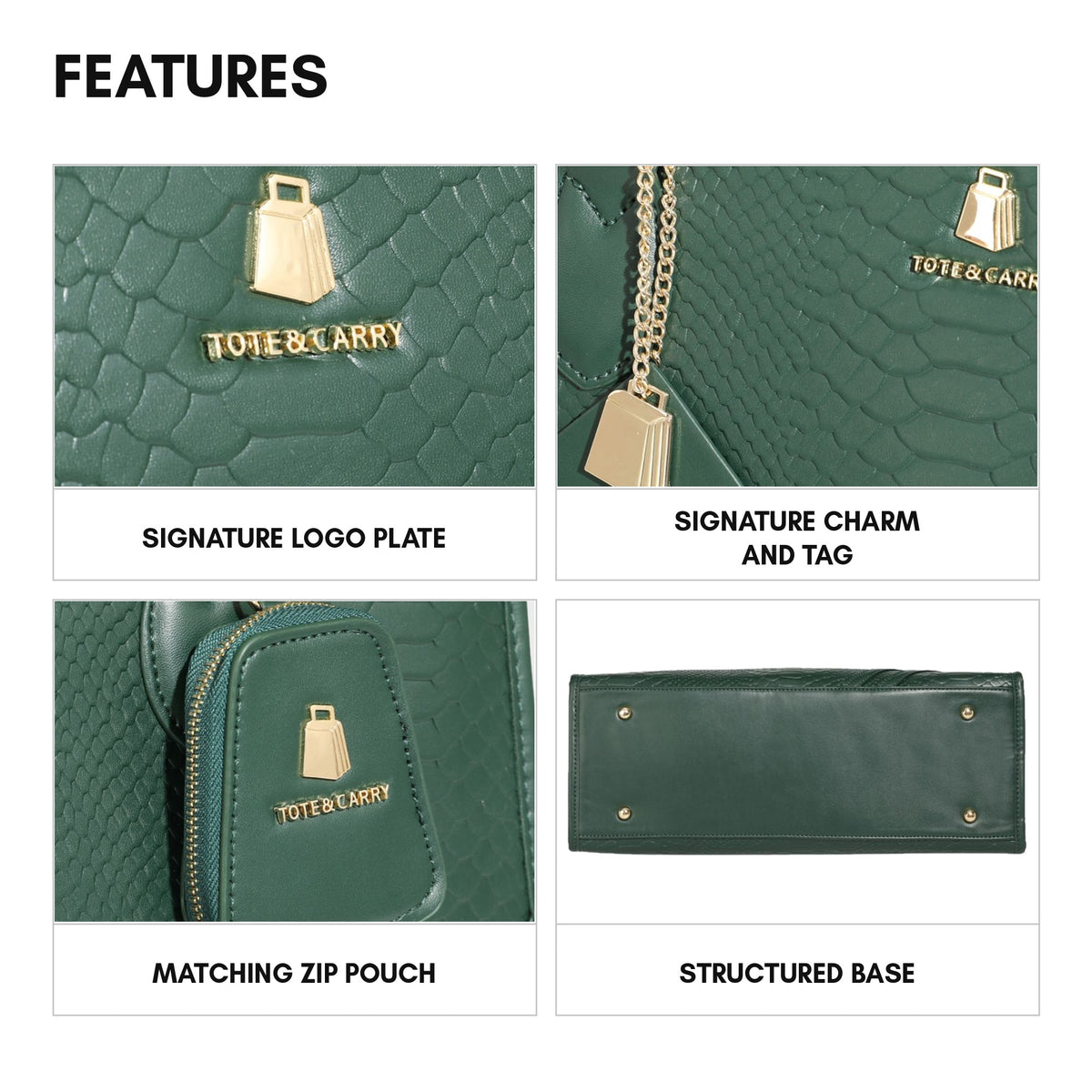 Signature City Tote in Emerald Green - features: signature logo plate, signature charm and tag, matching zip pouch, structured base