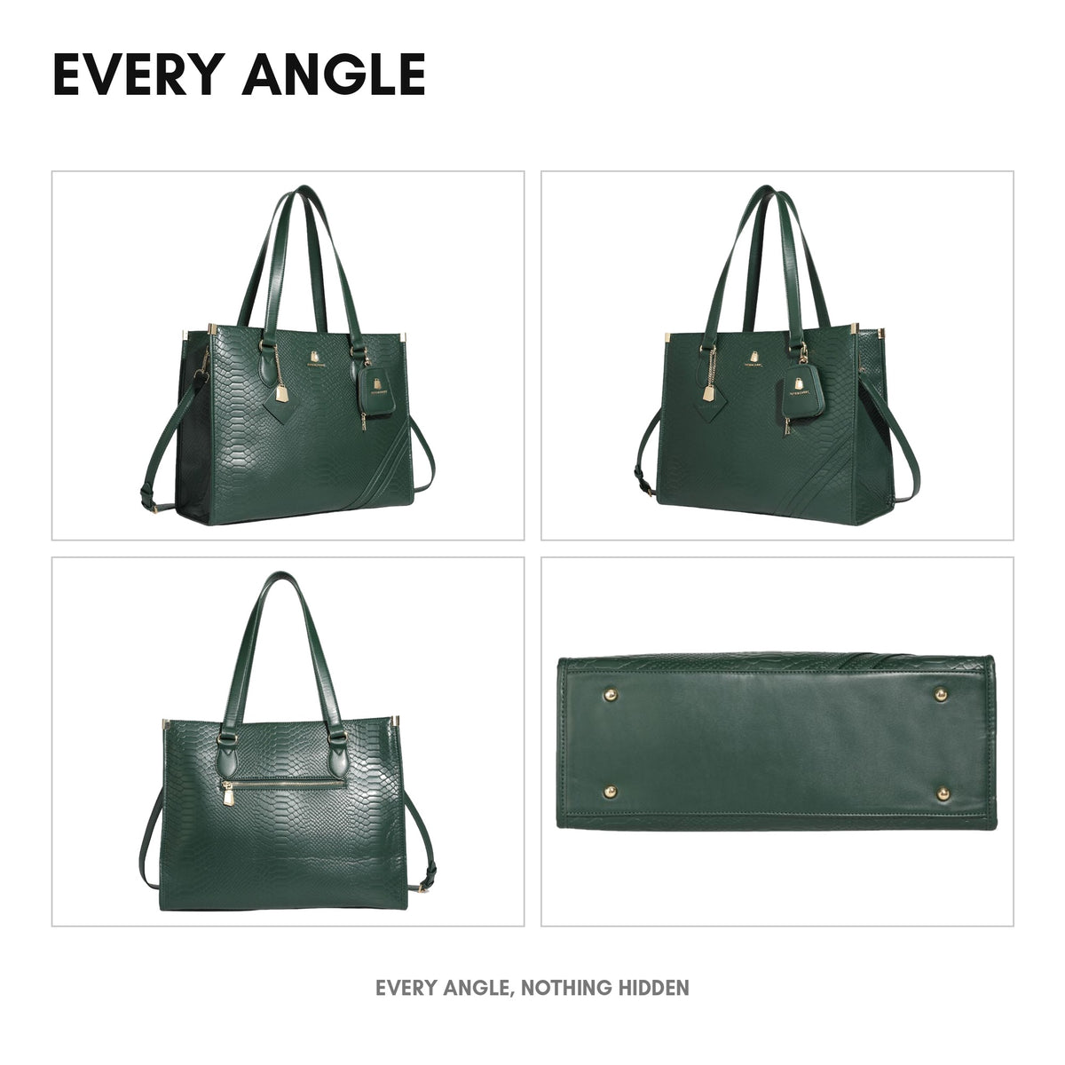 Signature City Tote in Emerald Green - every angle: front, side, back and interior
