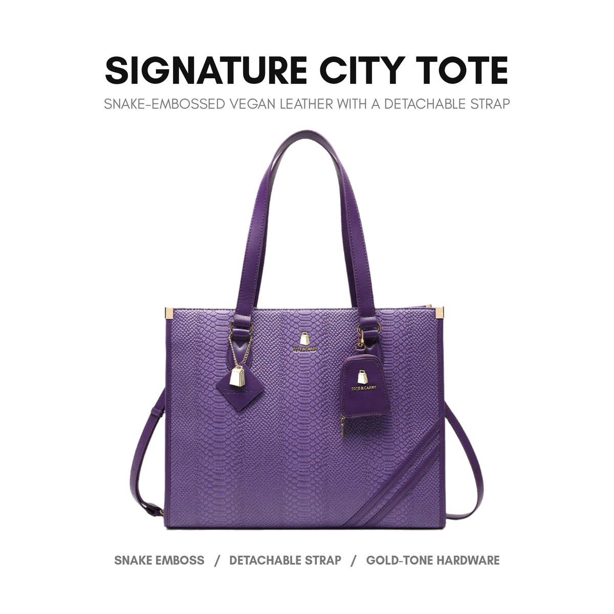 Signature City Tote in Purple - snake-embossed vegan leather with a detachable strap