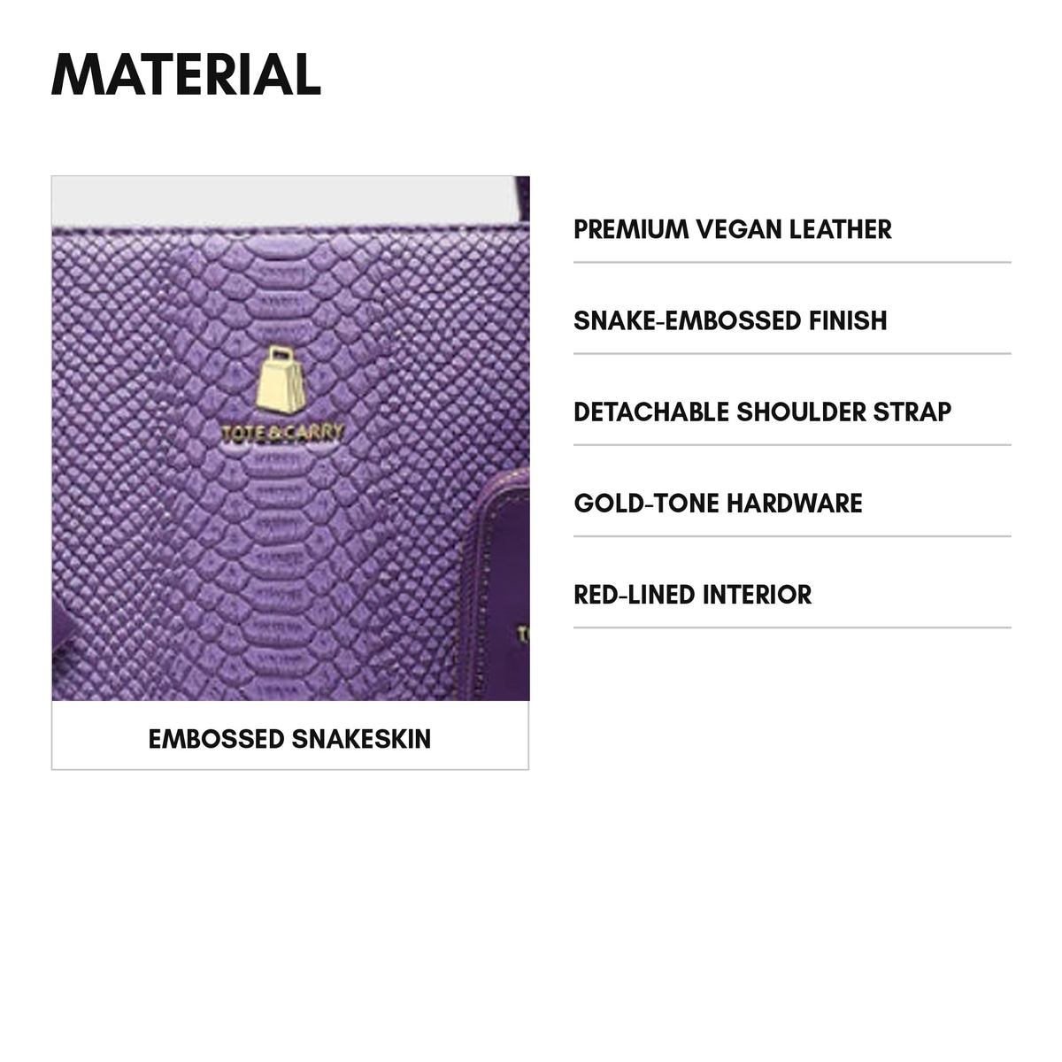 Signature City Tote in Purple - material and specs: premium vegan leather, snake-embossed finish, detachable shoulder strap, gold-tone hardware, red-lined interior