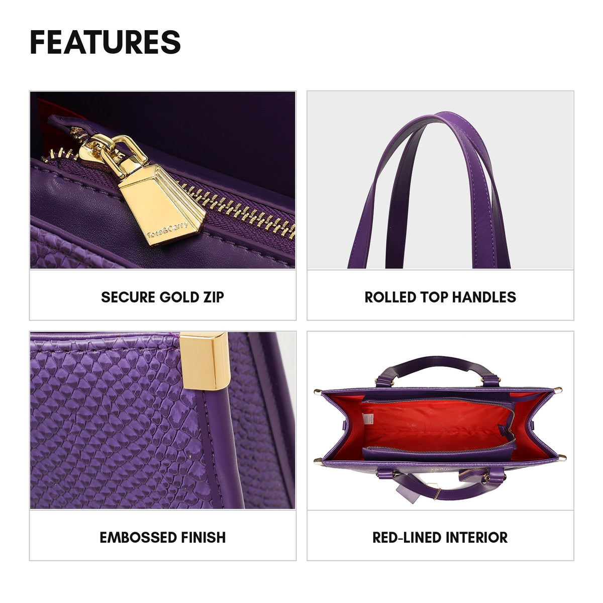 Signature City Tote in Purple - features: secure gold zip, rolled top handles, embossed finish, red-lined interior