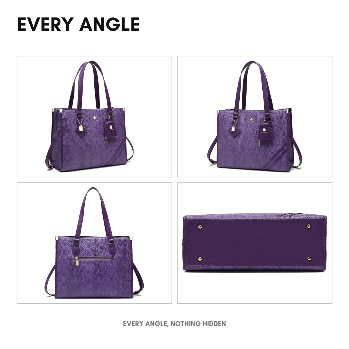 Signature City Tote in Purple - every angle: front, side, back and interior