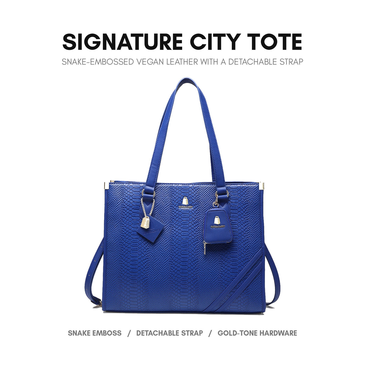 Signature City Tote in Royal Blue - snake-embossed vegan leather with a detachable strap
