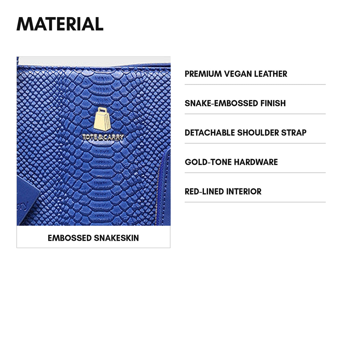 Signature City Tote in Royal Blue - material and specs: premium vegan leather, snake-embossed finish, detachable shoulder strap, gold-tone hardware, red-lined interior