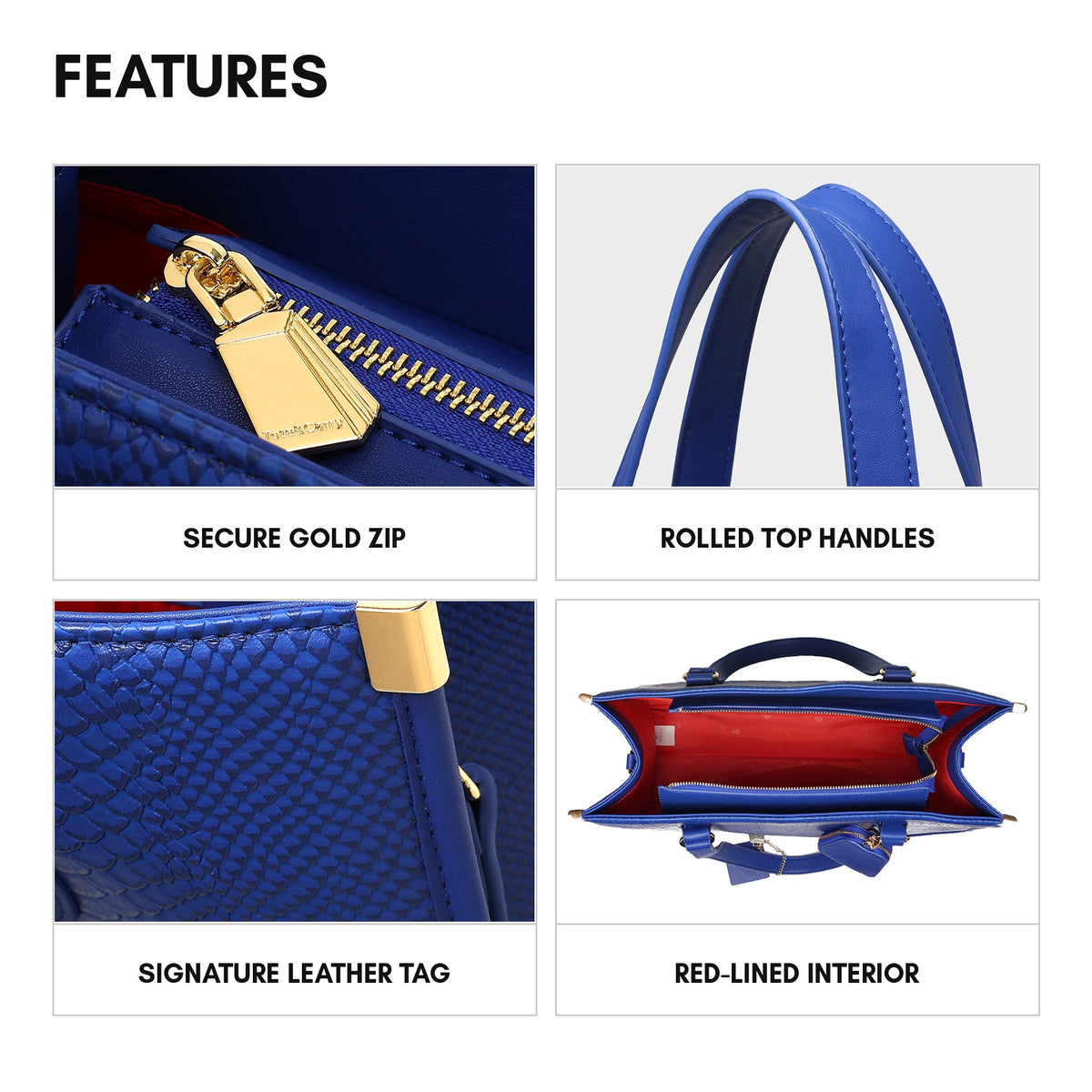 Signature City Tote in Royal Blue - features: secure gold zip, rolled top handles, signature leather tag, red-lined interior