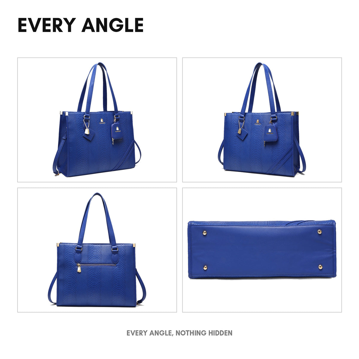 Signature City Tote in Royal Blue - every angle: front, side, back and interior