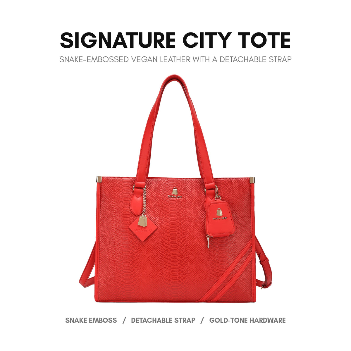 Signature City Tote in Red - snake-embossed vegan leather with a detachable strap