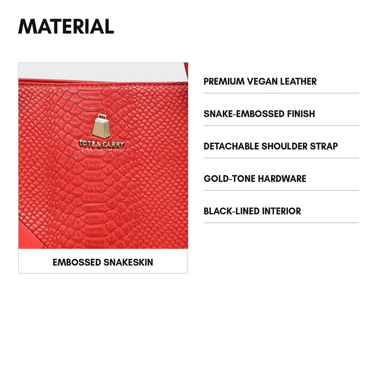 Signature City Tote in Red - material and specs: premium vegan leather, snake-embossed finish, detachable shoulder strap, gold-tone hardware, black-lined interior