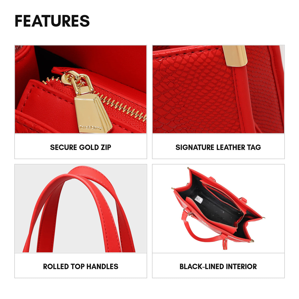 Signature City Tote in Red - features: secure gold zip, signature leather tag, rolled top handles, black-lined interior