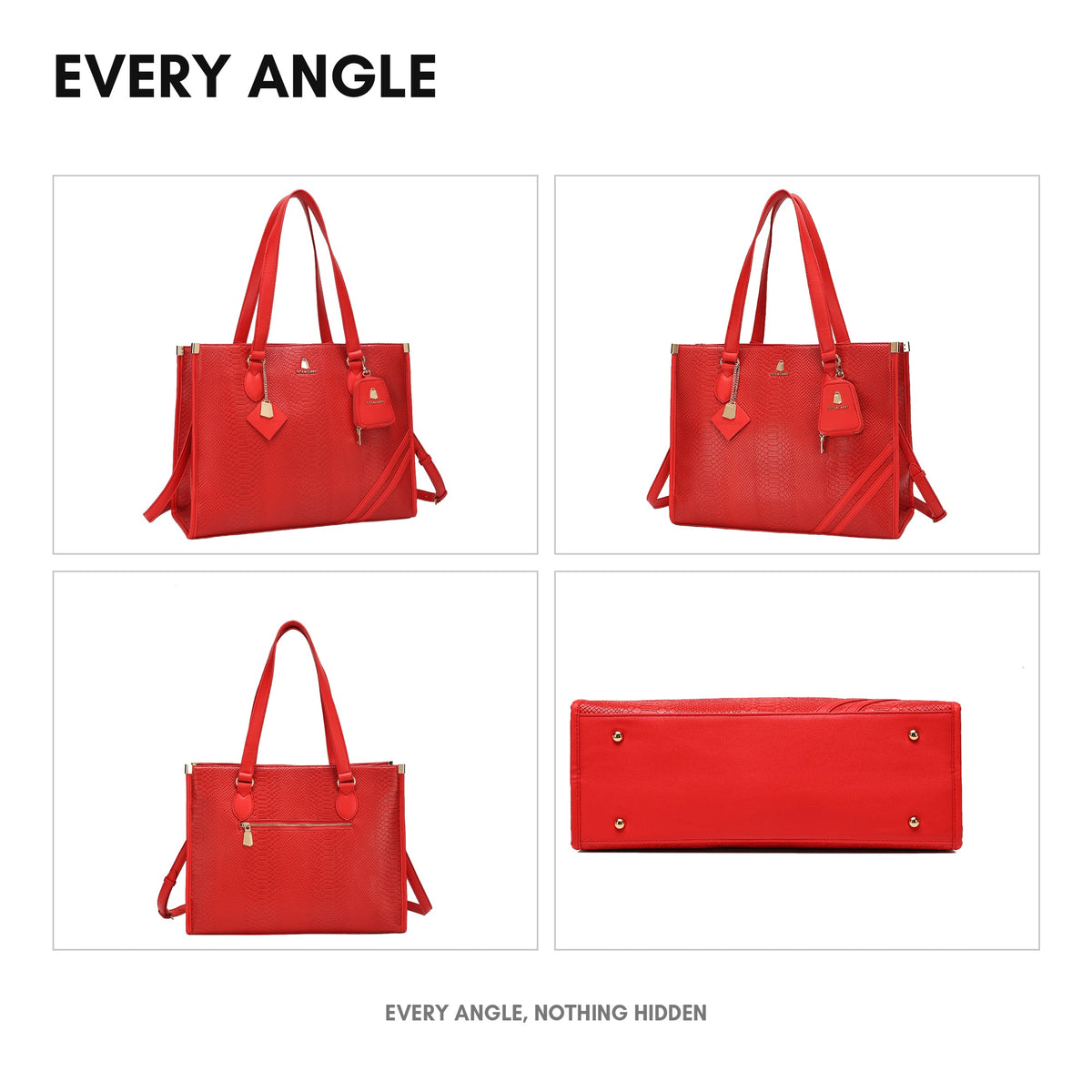Signature City Tote in Red - every angle: front, side, back and interior