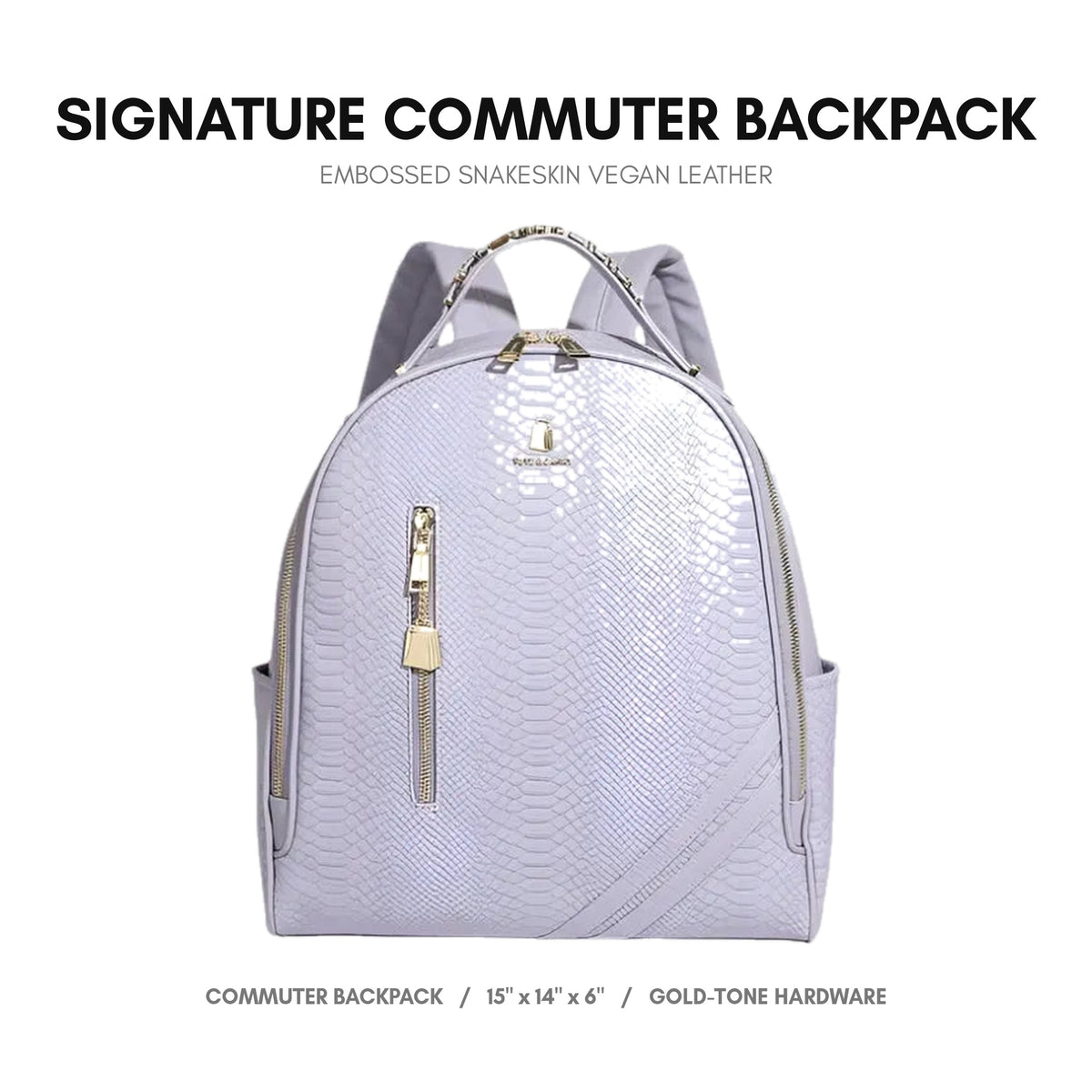 Signature Commuter Backpack in Lavender - luxury vegan leather, embossed snakeskin, gold-tone hardware