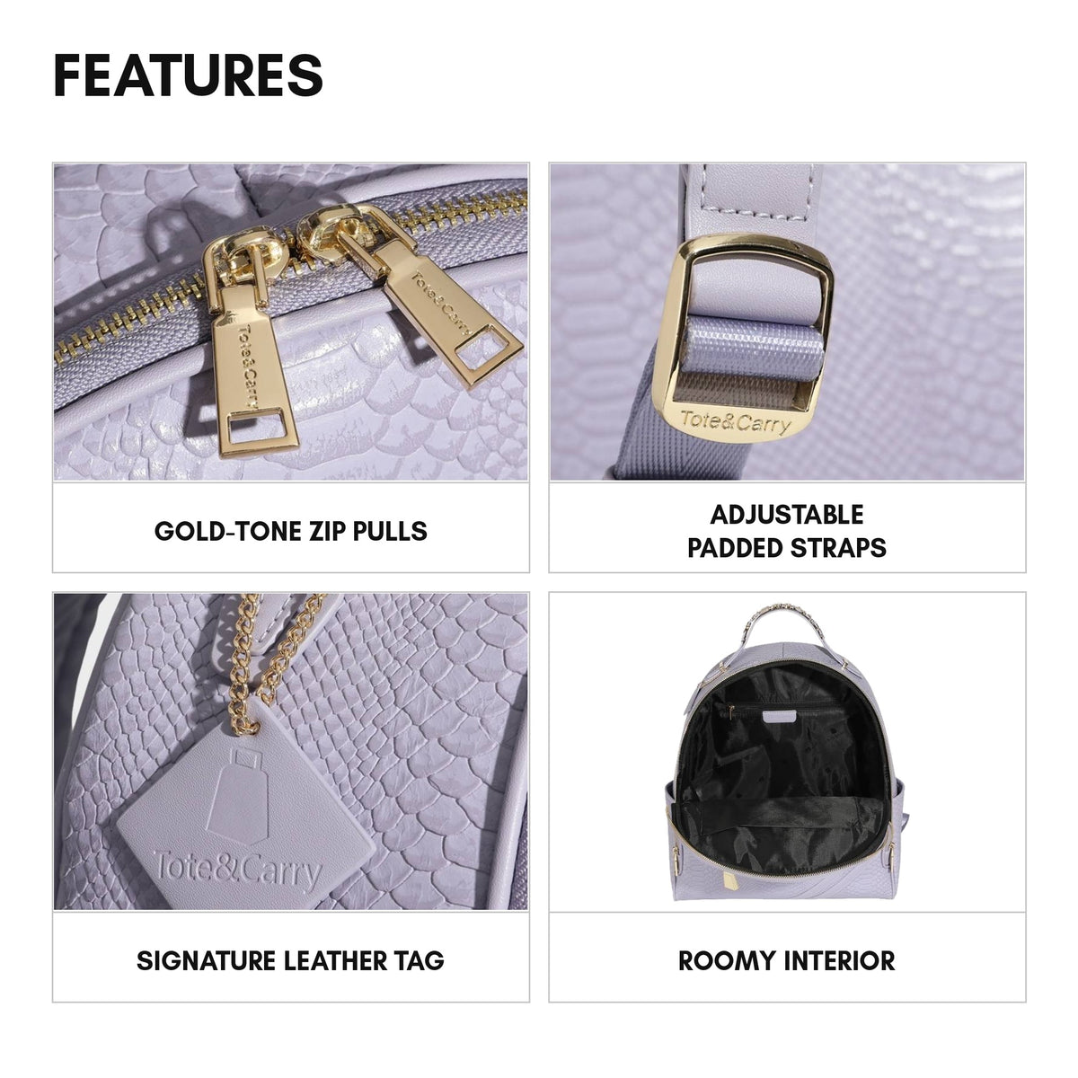 Signature Commuter Backpack in Lavender - features: gold-tone zip pulls, adjustable padded straps, signature leather tag, roomy interior