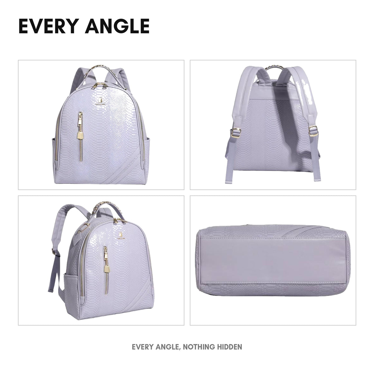 Signature Commuter Backpack in Lavender - every angle: front, side, back and interior