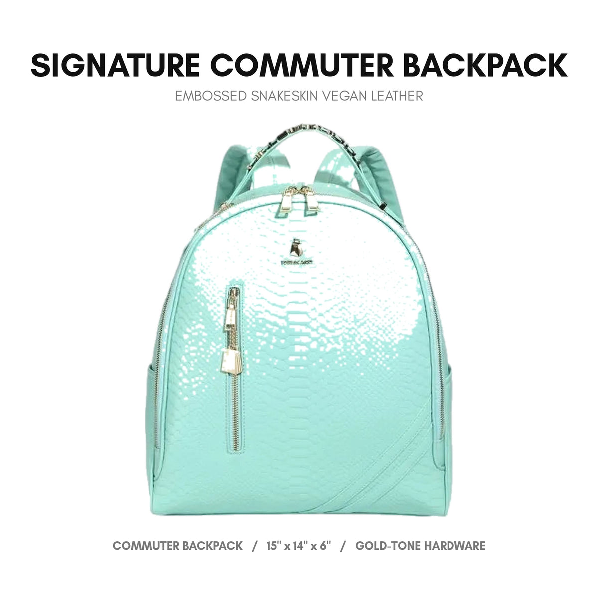 Signature Commuter Backpack in Mint - luxury vegan leather, embossed snakeskin, gold-tone hardware