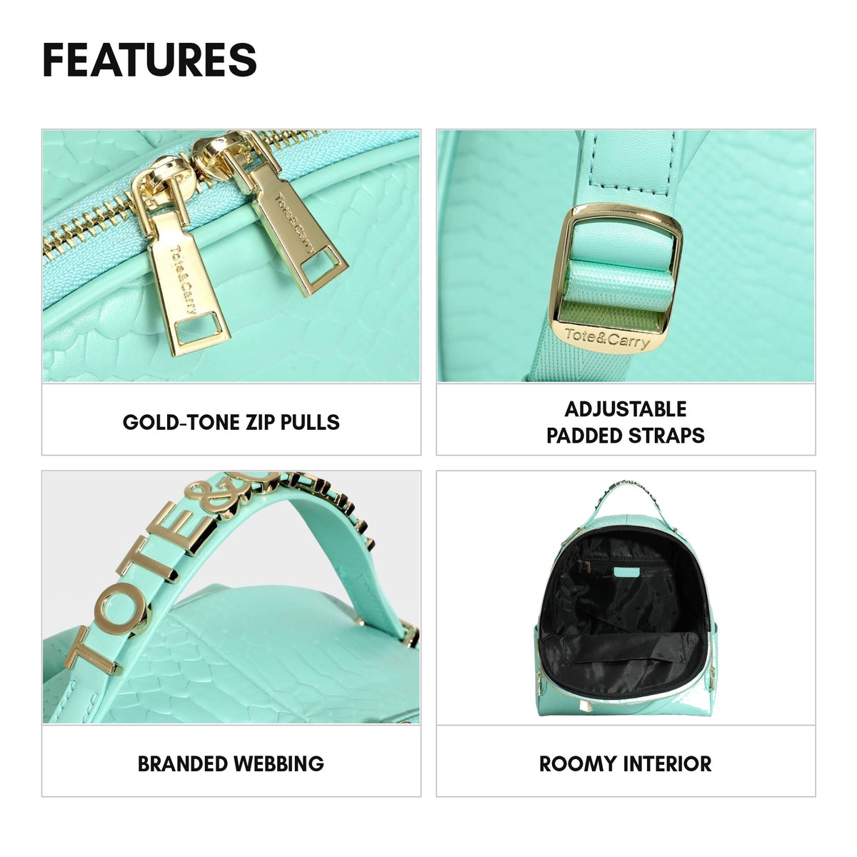 Signature Commuter Backpack in Mint - features: gold-tone zip pulls, adjustable padded straps, branded webbing, roomy interior