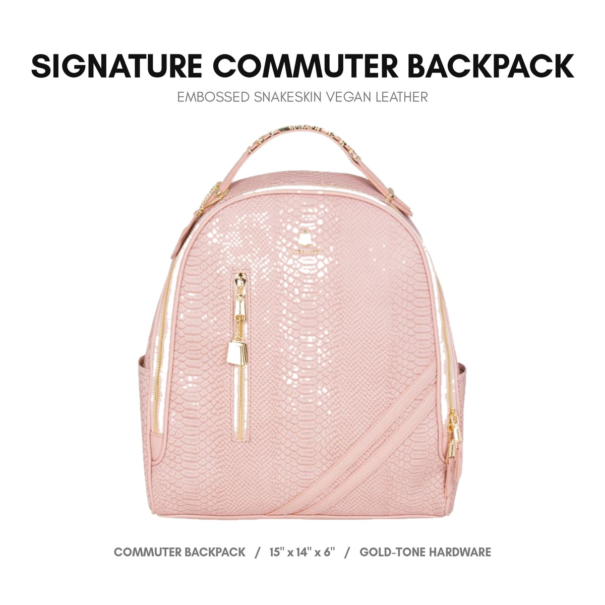 Signature Commuter Backpack in Pink - luxury vegan leather, embossed snakeskin, gold-tone hardware