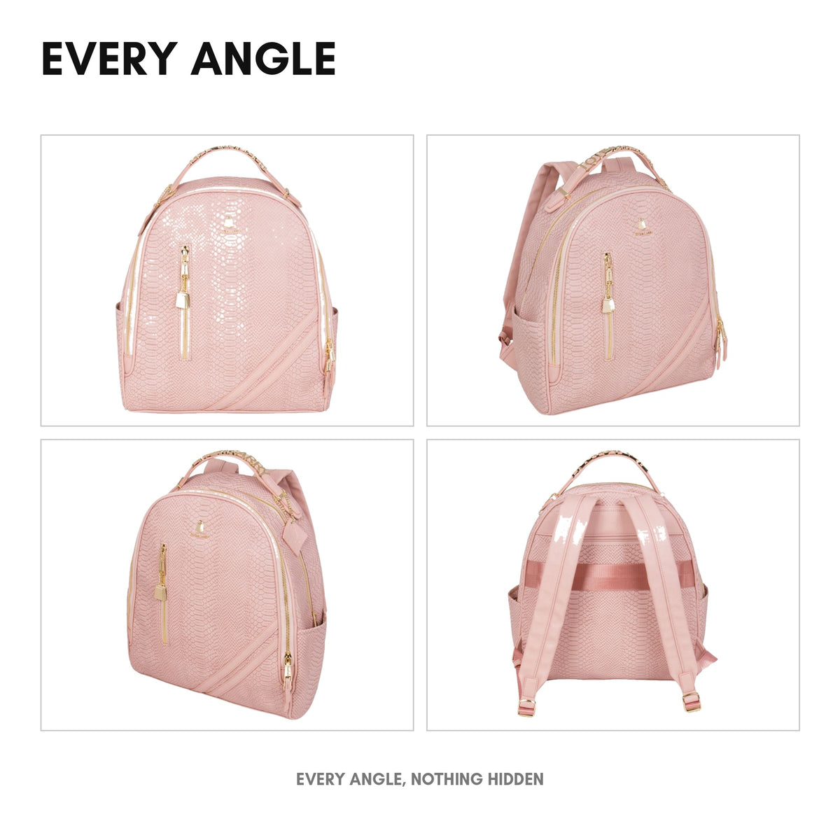 Signature Commuter Backpack in Pink - every angle: front, side, back and interior