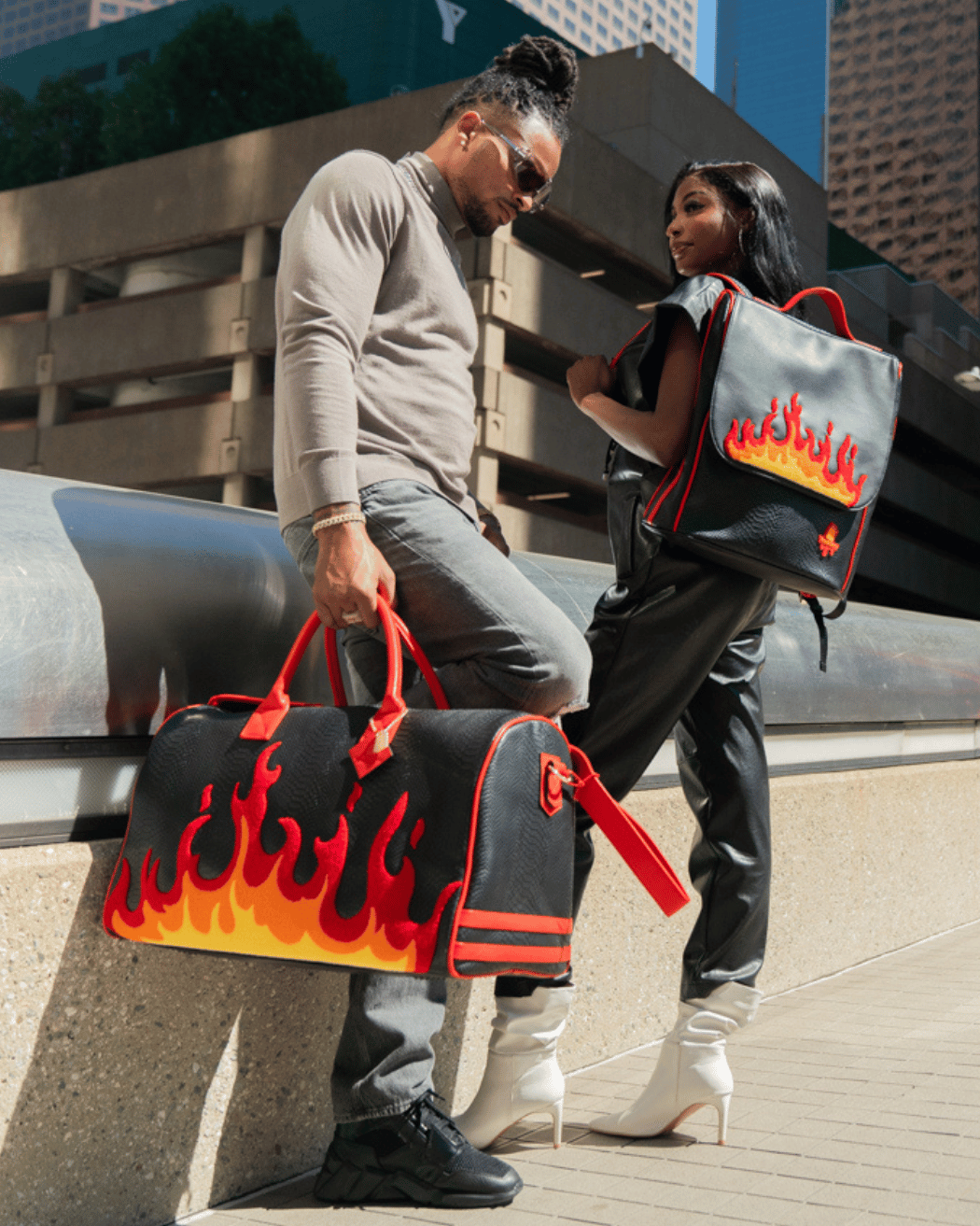 Signature Red Fire Rolling Duffle Set in Black