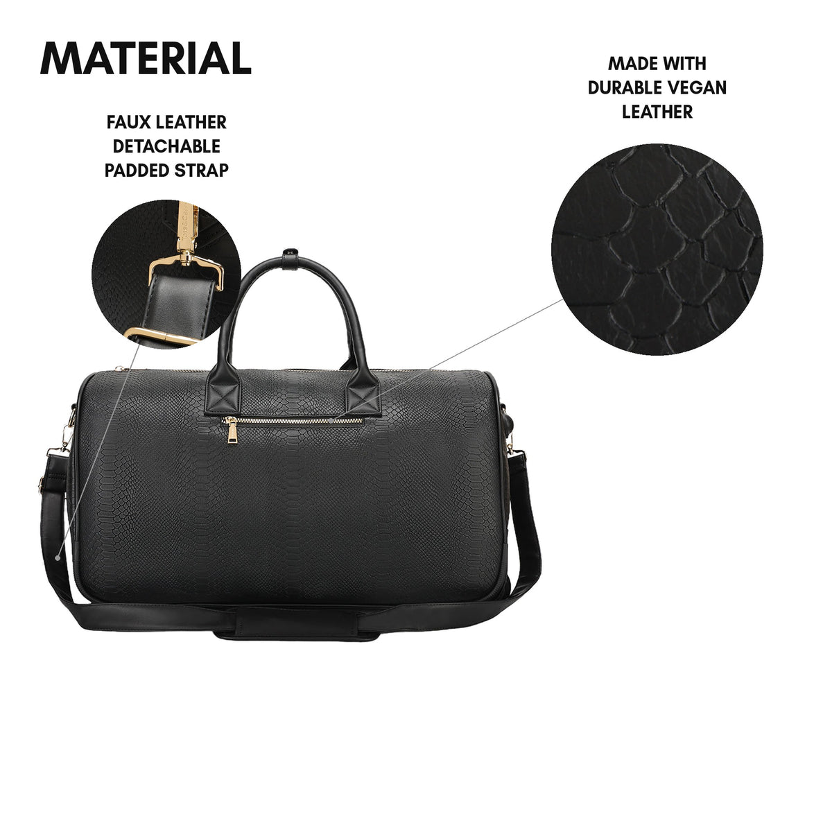Signature Traveler Rolling Duffle in Black - material: python-embossed vegan leather with a faux leather detachable padded strap