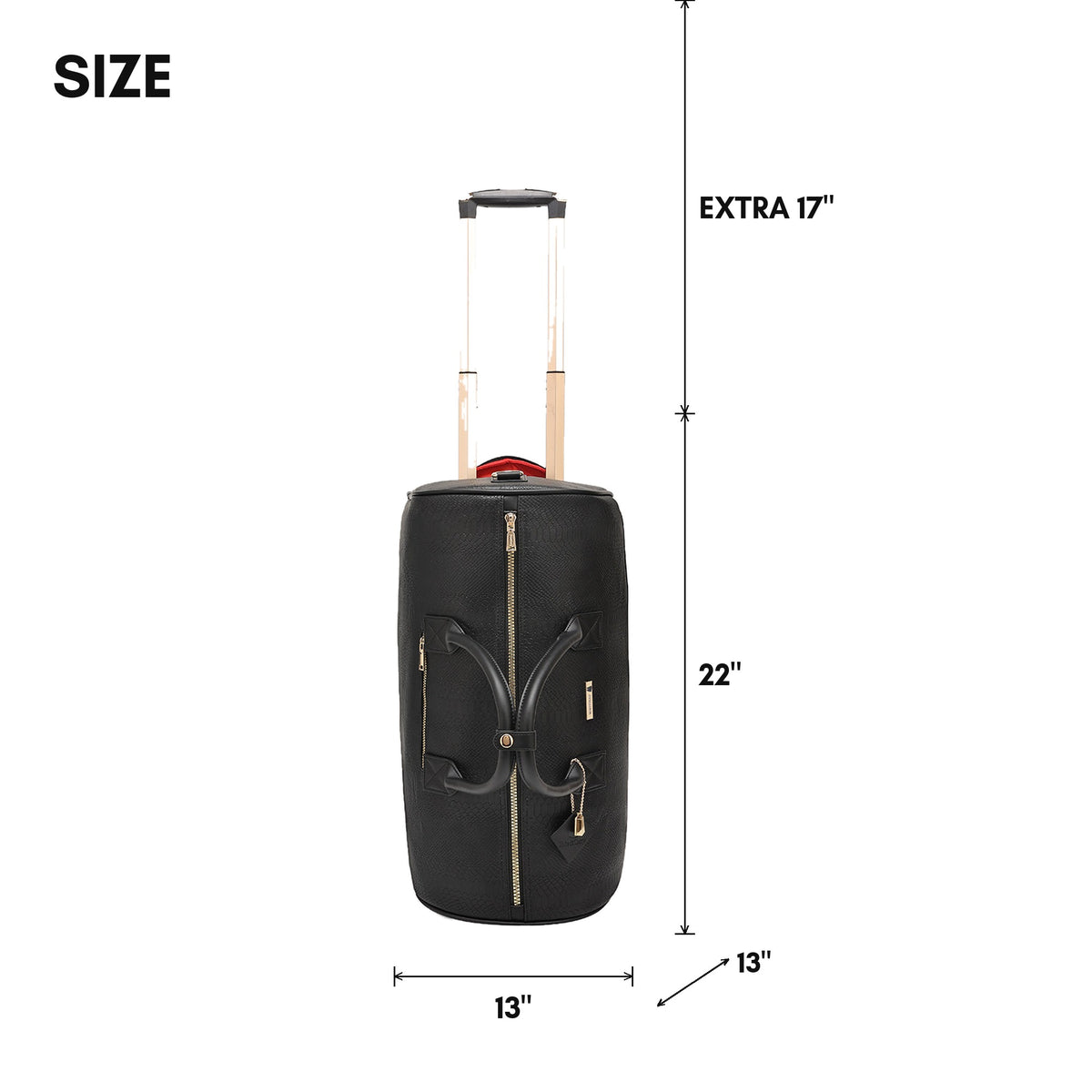 Signature Traveler Rolling Duffle in Black - size, 22 inches tall, 13 x 13 inches, with an extra 17 inch pull-out handle