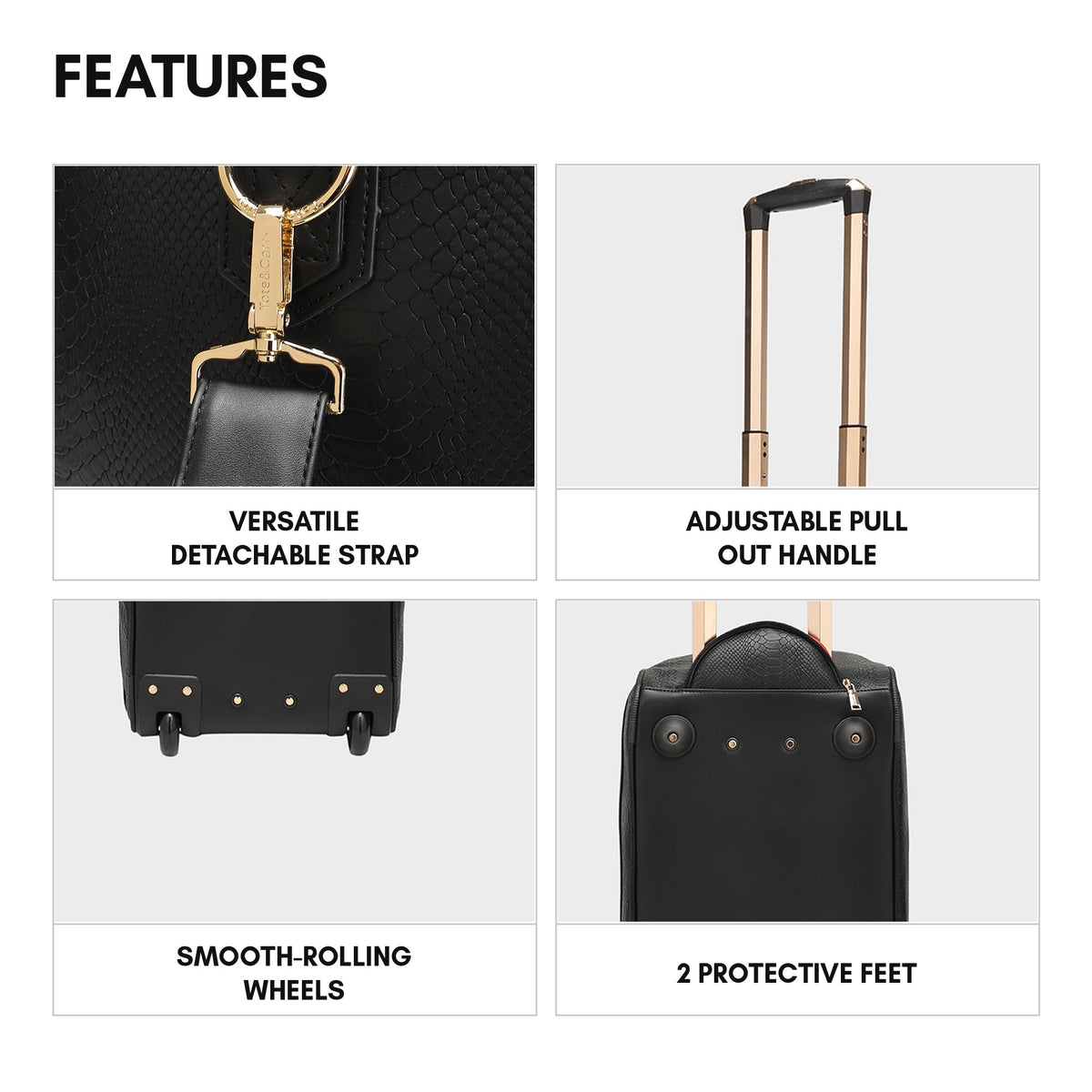 Signature Traveler Rolling Duffle in Black - features: detachable strap, adjustable pull-out handle, smooth-rolling wheels and 2 protective feet