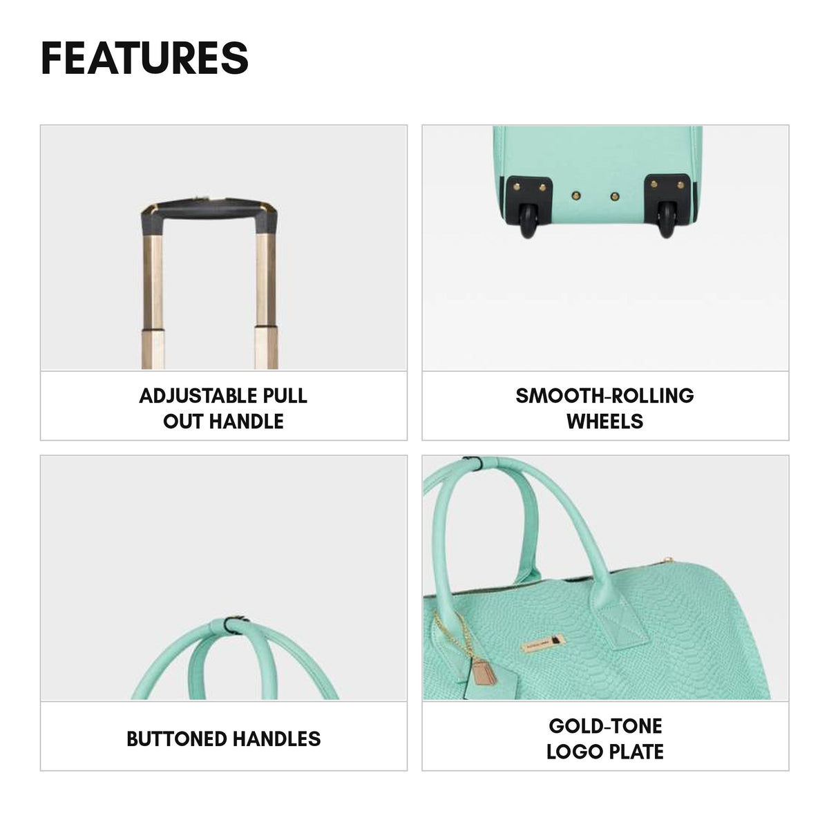 Signature Traveler Rolling Duffle in Mint - features: adjustable pull-out handle, smooth-rolling wheels, buttoned handles and a gold-tone logo plate