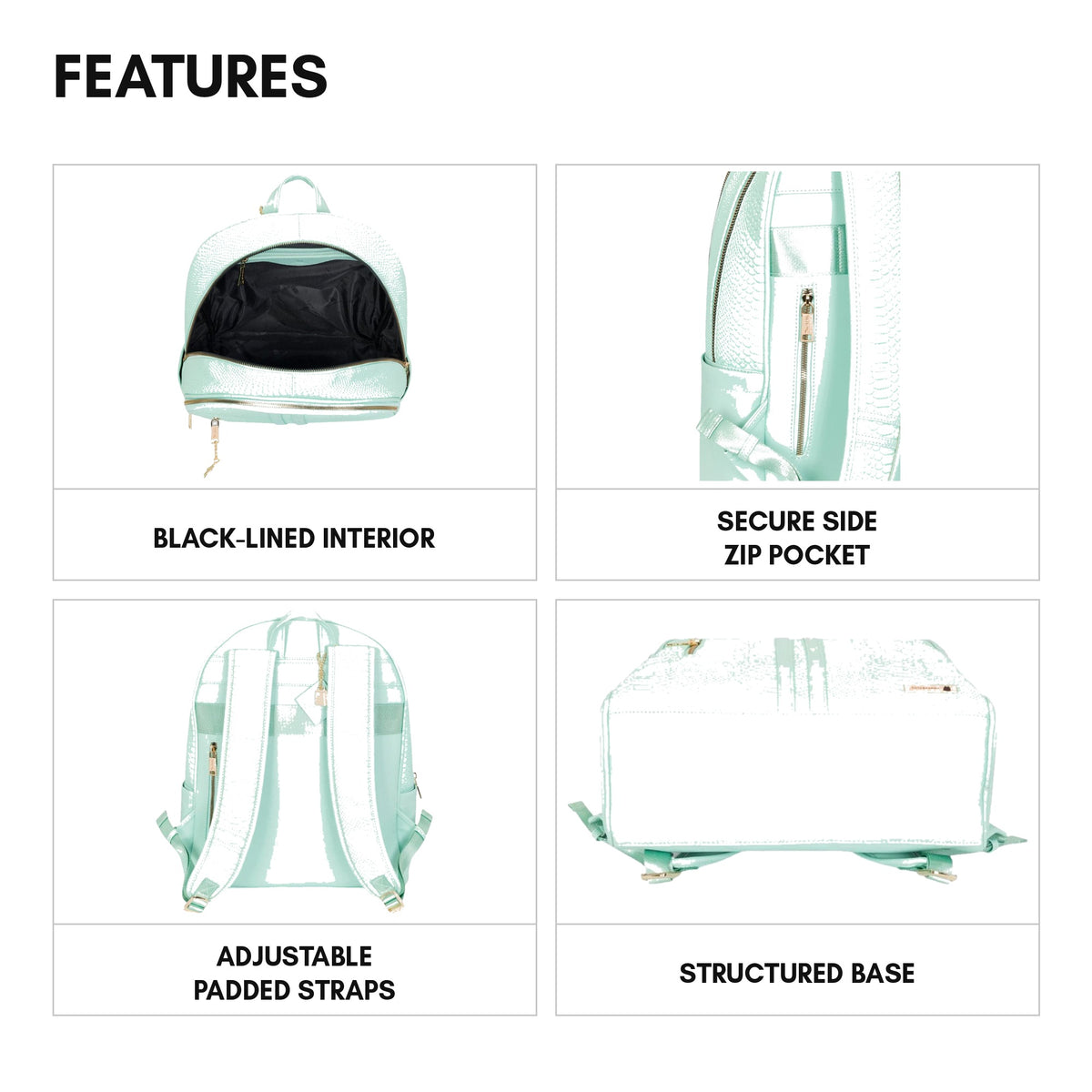 Signature Traveler Backpack in Mint - features: black-lined interior, secure side zip pocket, adjustable padded straps, structured base